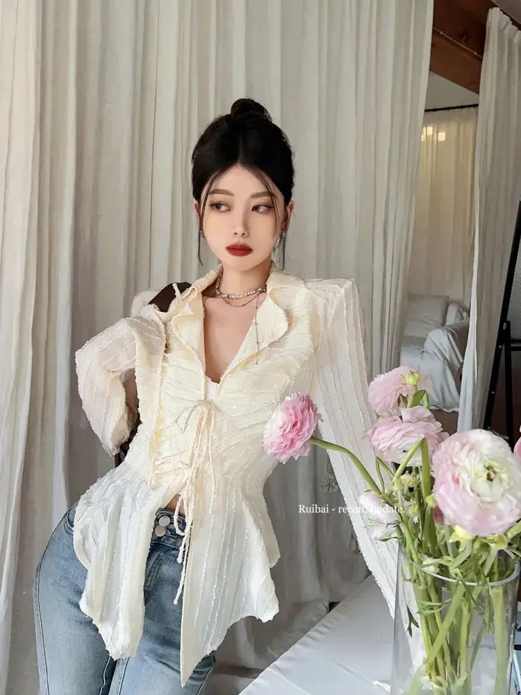 

V-neck Irregular Design Women's V-neck Lace Up Design Top Spring Fashion Top Female Long Sleeve T-shirt