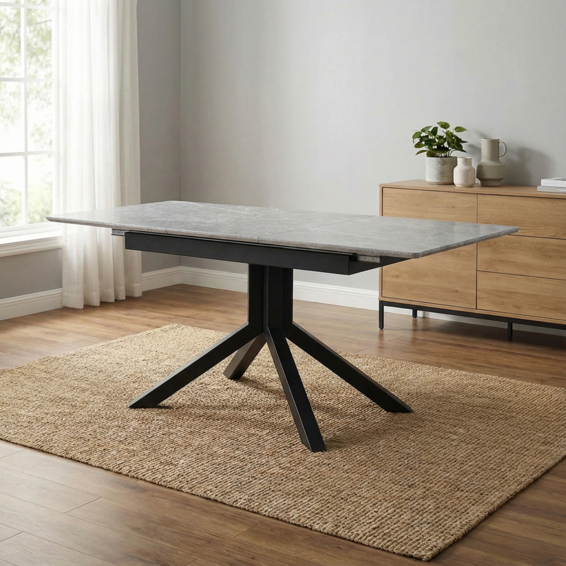 #Modern Square Dining Table With Light Gray Painted MDF Top And Sturdy Geometric Metal Legs Dining Room Furniture 4 Seater