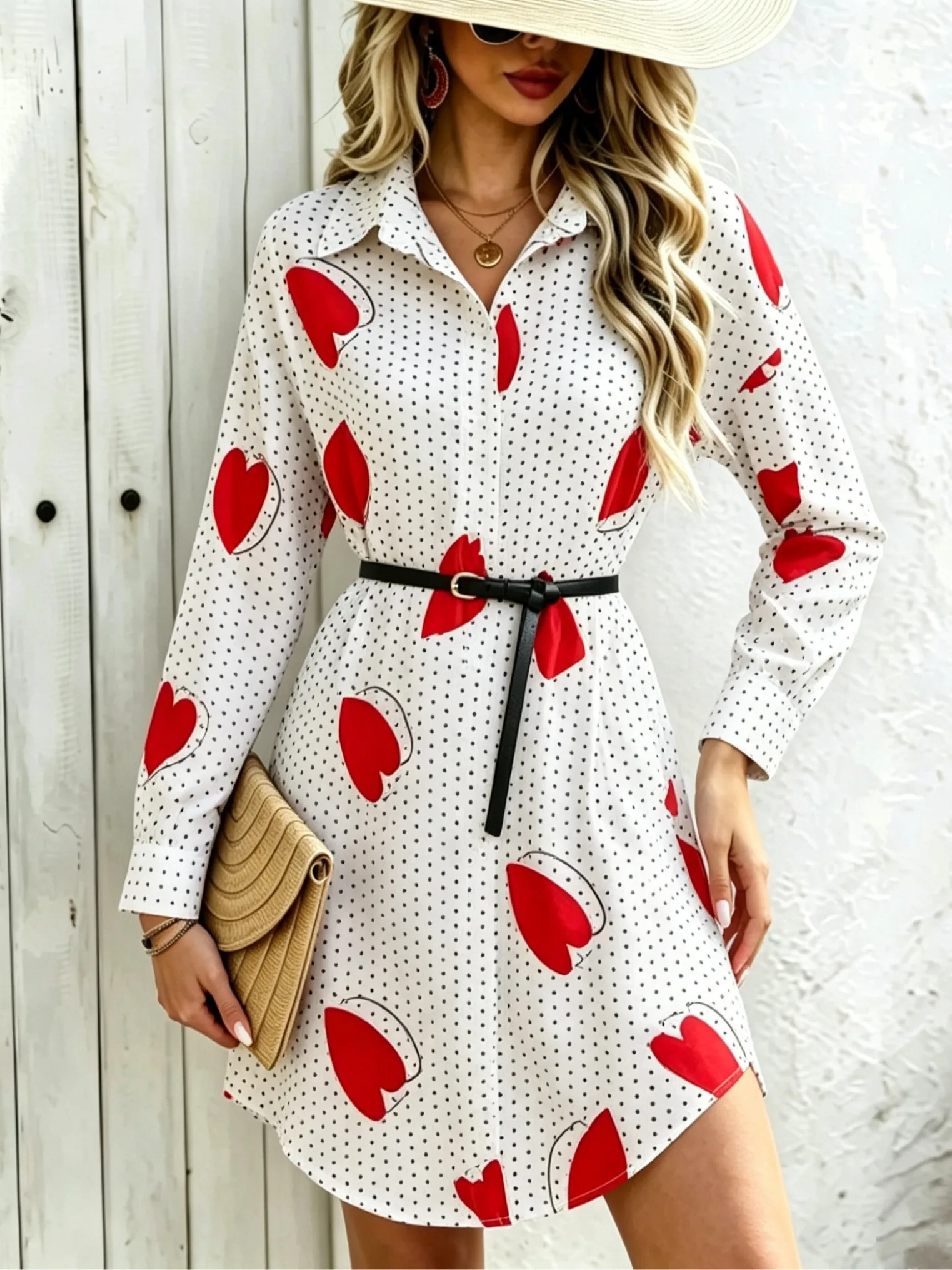 

Fashionable Loose Collar Single Button Mid-Length Shirt Print Polyester Fiber Girl's Casual Top Elegant Chic