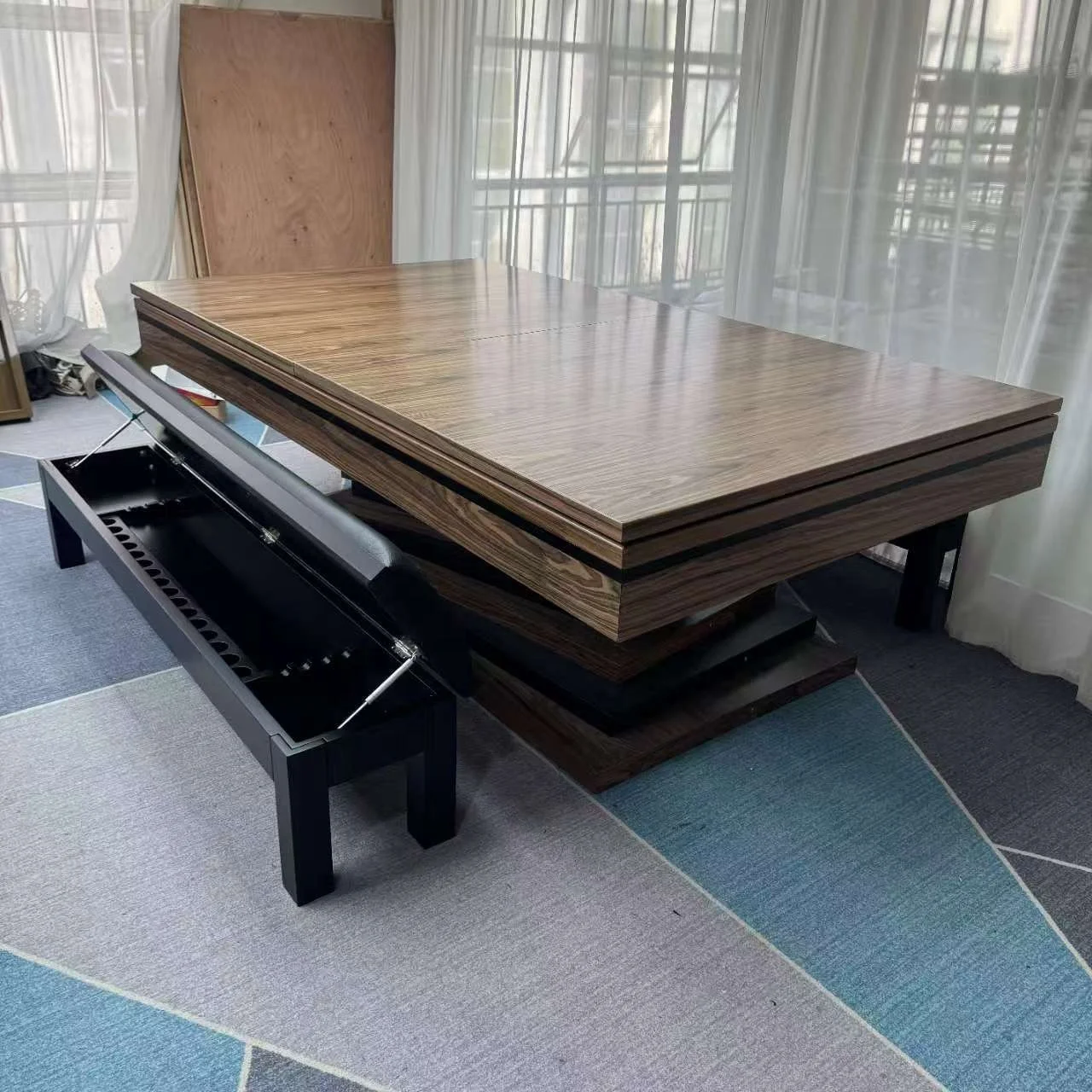 Decorative Tiered Wooden Base Billiard Table Solid Wood Pool Table with Layered Pedestal Design for Home Bar Office