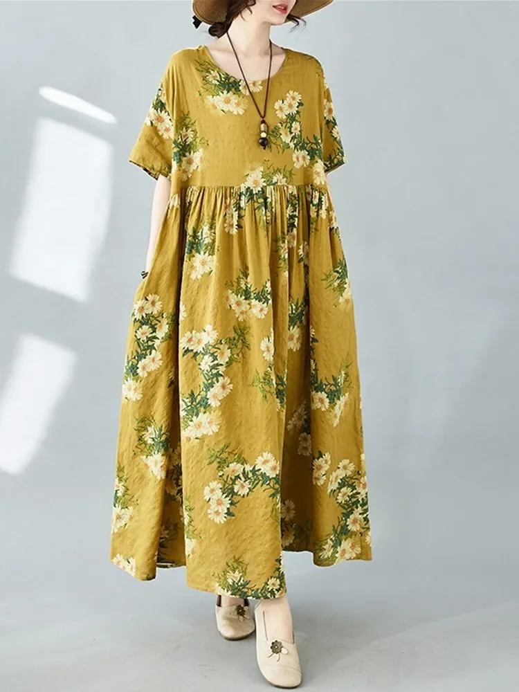 z krótkim rękawem oversize bawełna vintage kwiatowy nowość w sukienkach dla kobiet luźna długa letnia sukienka elegancka odzież 2025