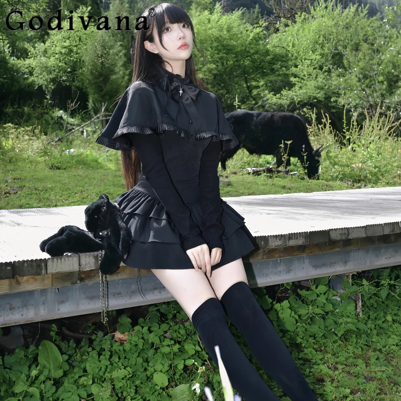 

Autumn Japanese Style Sweet Dress Female Original Design Cape Retro Dress Women Temperament Low Waist Lace Short Dress