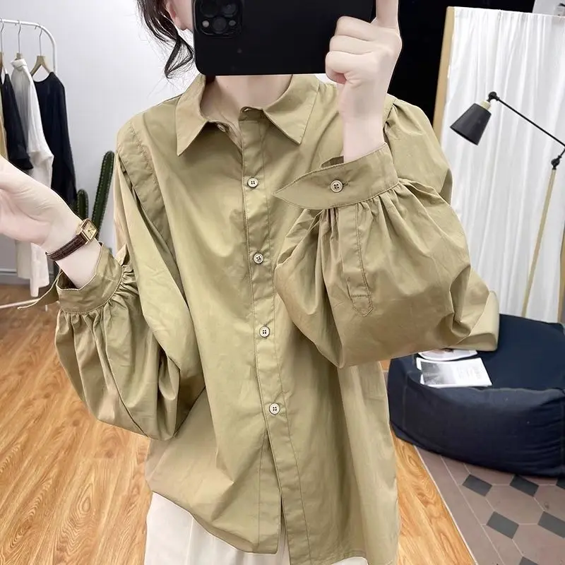 

Popular Shirt Stand Collar Pure Cotton Lantern Long Sleeve Spring and Autumn Loose Artistic Top Retro Western Style Shirt