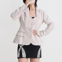 Blazers dos nu minces pour femmes, col cranté, manches longues, patchwork de diamants, vêtements féminins à la mode, veste de costume