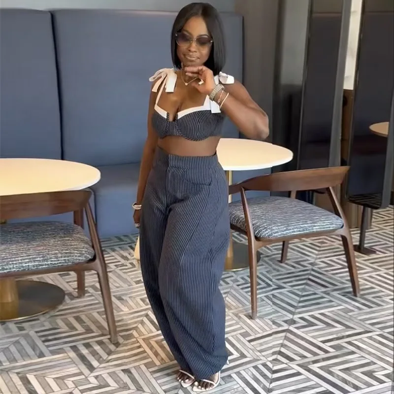 

Модный полосатый жилет и брюки, женский топ на бретельках с широкими брюками, костюм из двух предметов, осенняя одежда, повседневная одежда