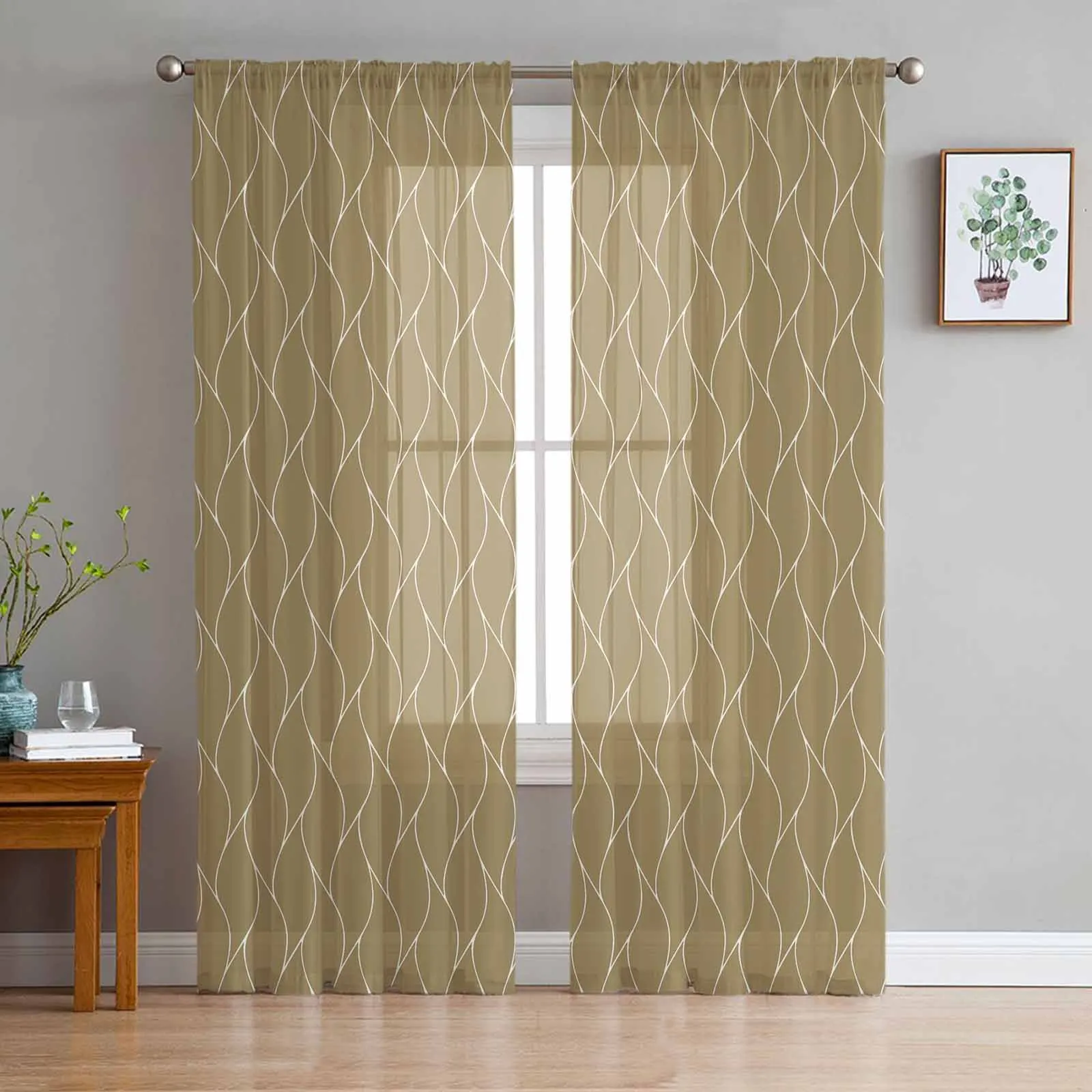 

Khaki Wavy Pattern Texture Tulle Curtains for Living Room Bedroom Sheer Voile Curtain Home Decor Kitchen Curtain