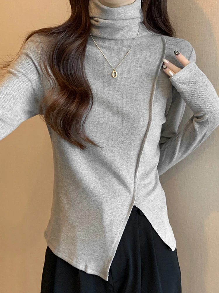 Long Sleeve T-shirts Women Korean Fashion Chic Niche Temper Gentle Turtle Neck Aesthetic Casual Top Clothing Slim Elegant Ins