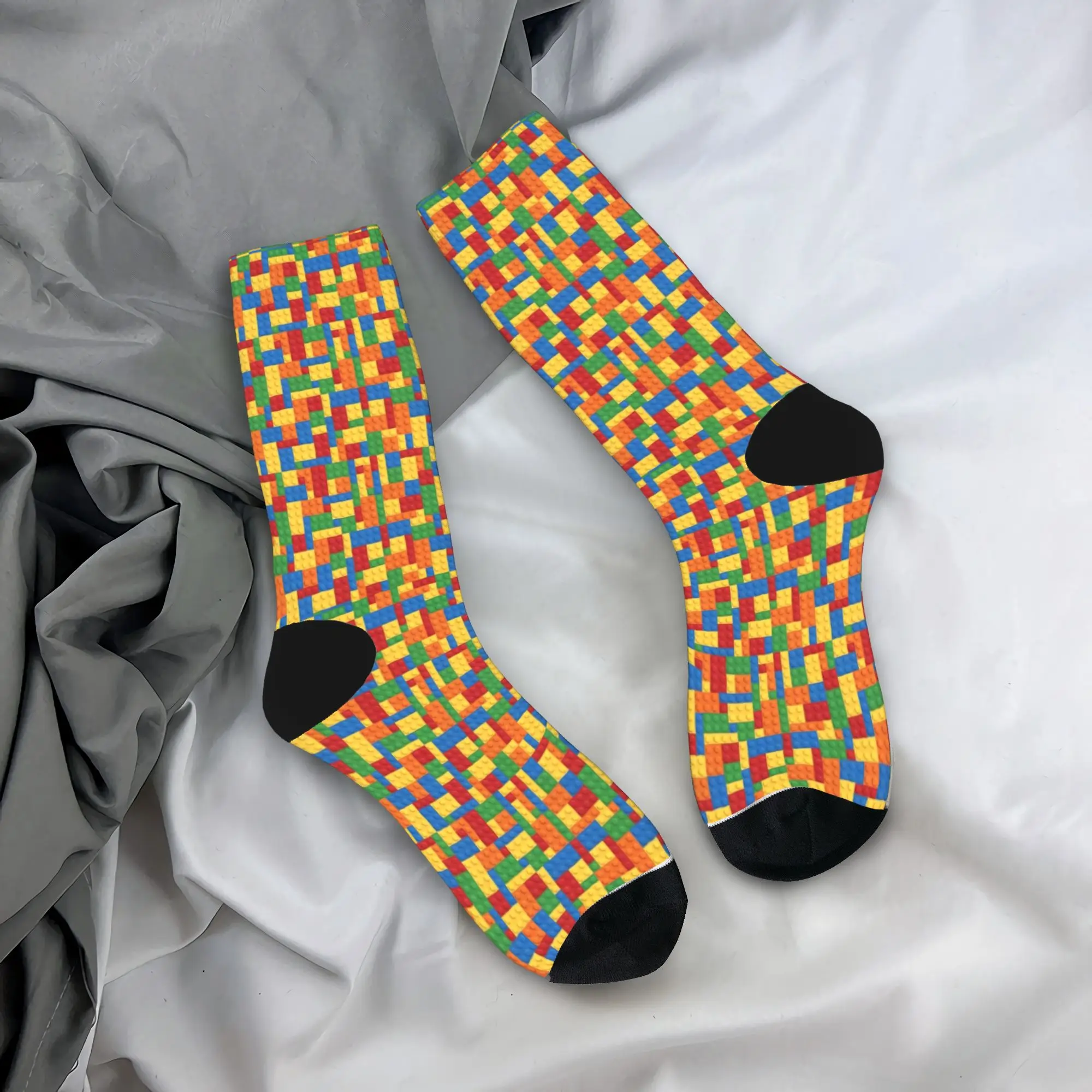 Women Men Socks Rainbow Building Blocks Pattern Stockings Anti Bacterial Breathable Socks Spring Printed Running Sports Socks