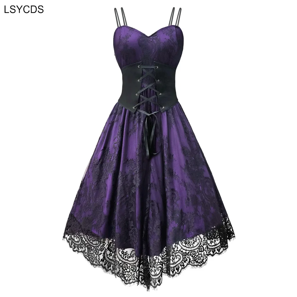 LSYCDS Purple Elegant Spaghetti Strap High Waist Corset Women Dress Gothic Cosplay Party Vintage Costume Lace Long Dresses New