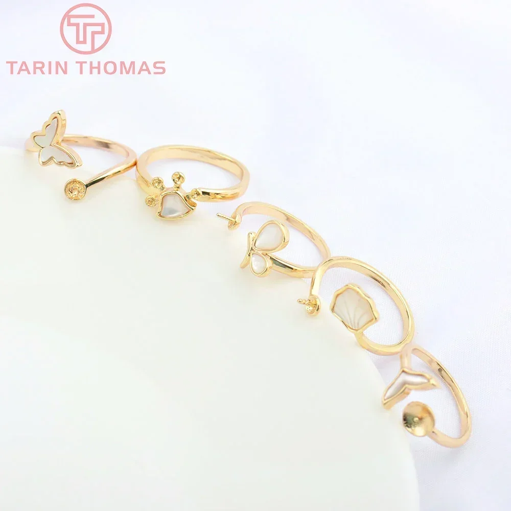 (5095) 2PCS 20.5MM 24K Gold Color Brass and Natural Shell Open Adjustable Size Charms Ring DIY Jewelry Making Findings Wholesale