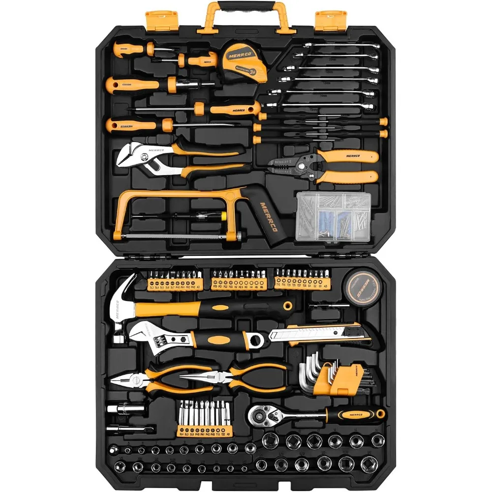 

198 Piece Home Repair Tool Kit, Wrench Plastic Toolbox with General Household Hand Tool Set