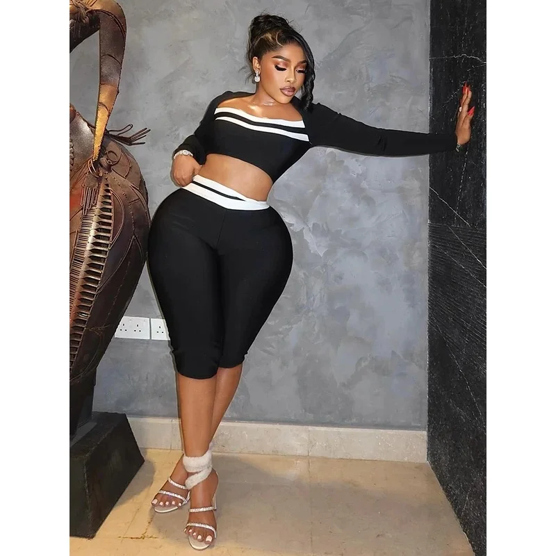 BKQU Contrast Stripe 2 Piece Set Women Sexy Low Cut Long Sleeve Crop Top+High Waist Skinny Capri Pants Matching Outfit Tracksuit