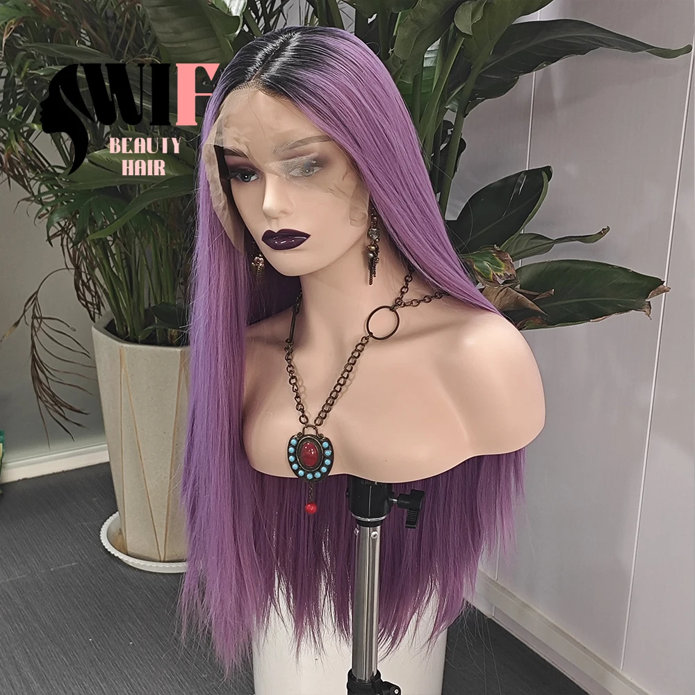 Wif Ombre Ash Peruca Sintética Roxo, Lace Part, Cabelo Liso, Raiz Preta, Lace Front Perucas, Uso Cosplay, Maquiagem, 13 × 6