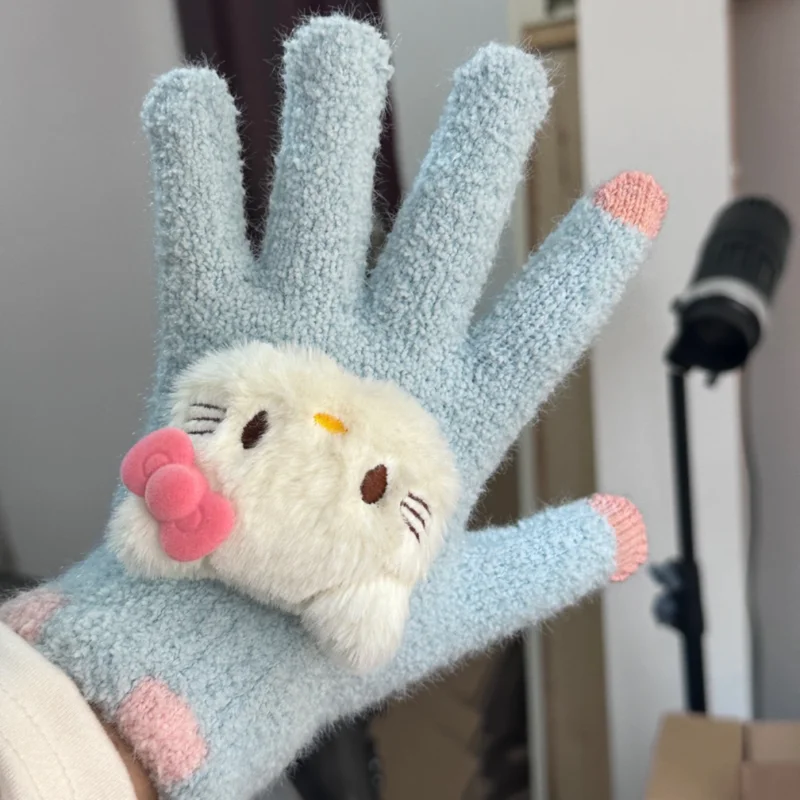 Women Y2k Hello Kitty Knitted Gloves Touchscreen Thicken Warm Hands Girls Boys Fall Winter Kids Sanrio Full Finger Plush Gloves