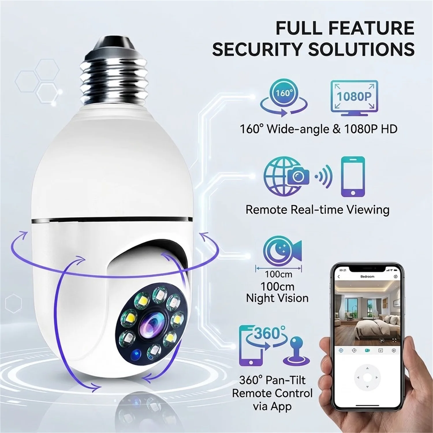 E27 Bulb Surveillance Camera Wifi IP PTZ CCTV Camera Night Vision Human Tracking Security Baby Monitor Cam