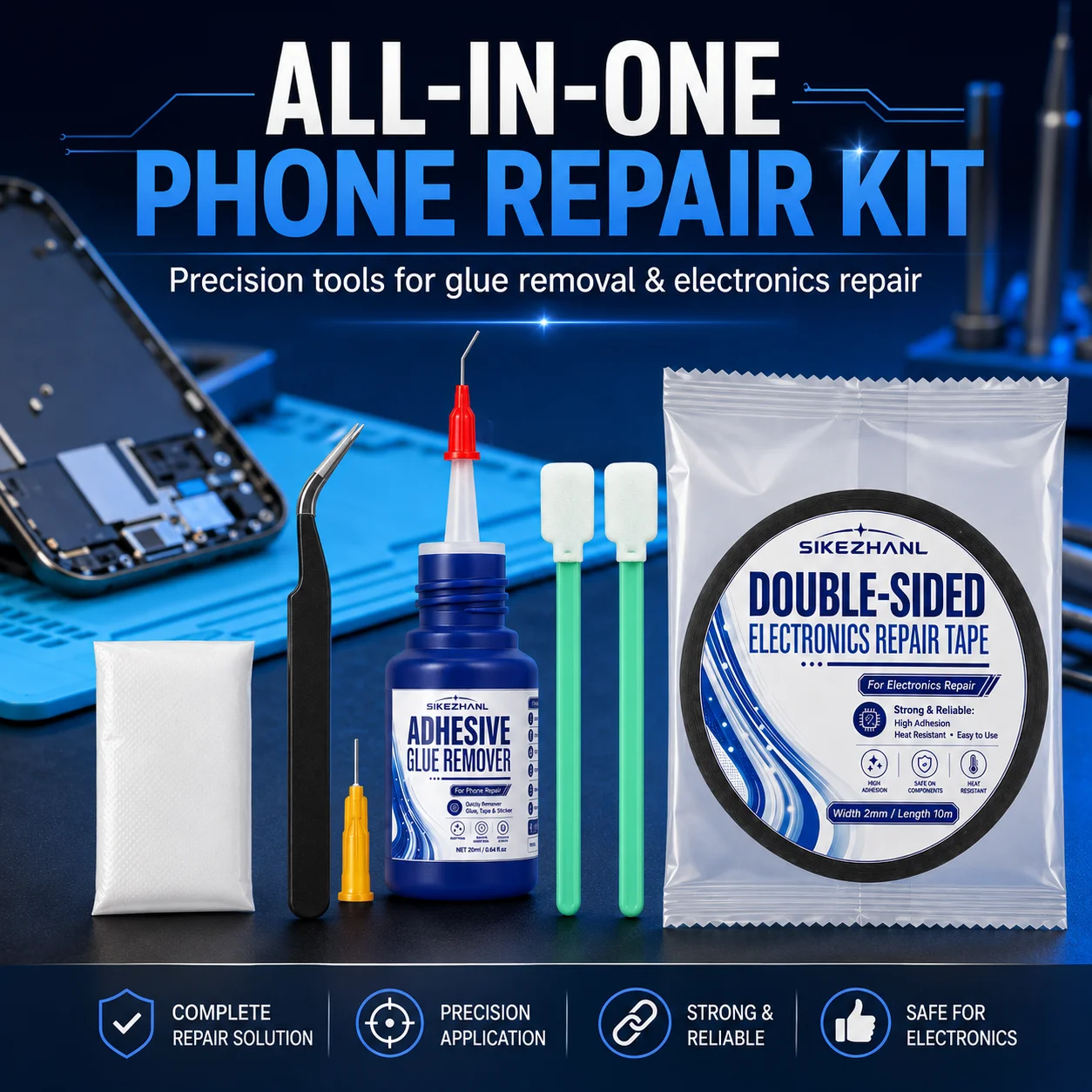 Electronics Repair Tool Kit with 2mm Double Sided Tape, Adhesive Remover, Precision Tweezers, Applicator Tips and Cleaning Swabs