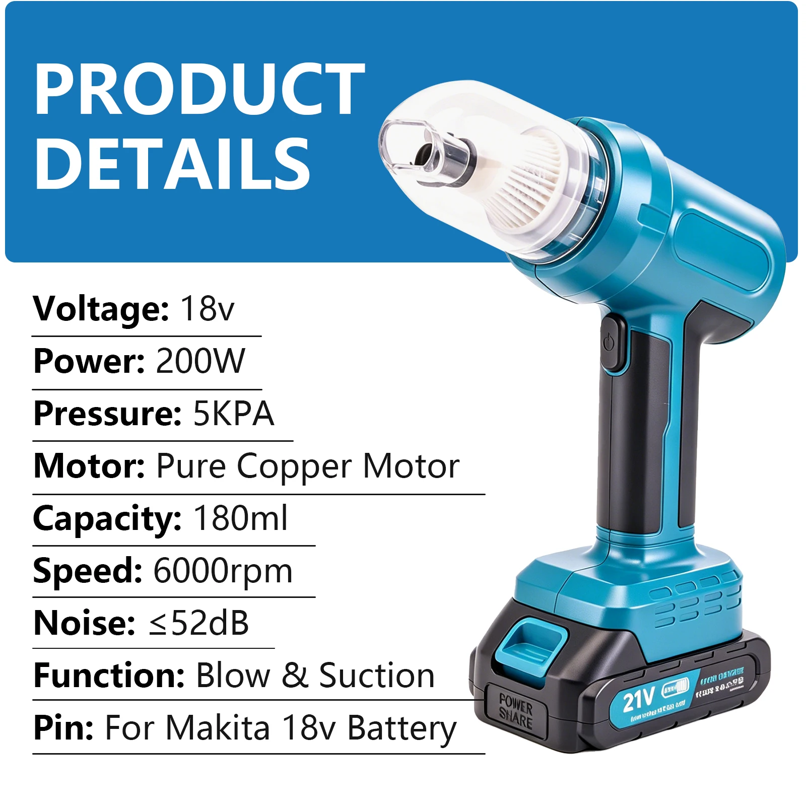 New Cordless Electric Vacuum Cleaner Blow Suction Dual Use Portable Rechargeable Home Car Vacuum Cleaners for Makita Battery Pin