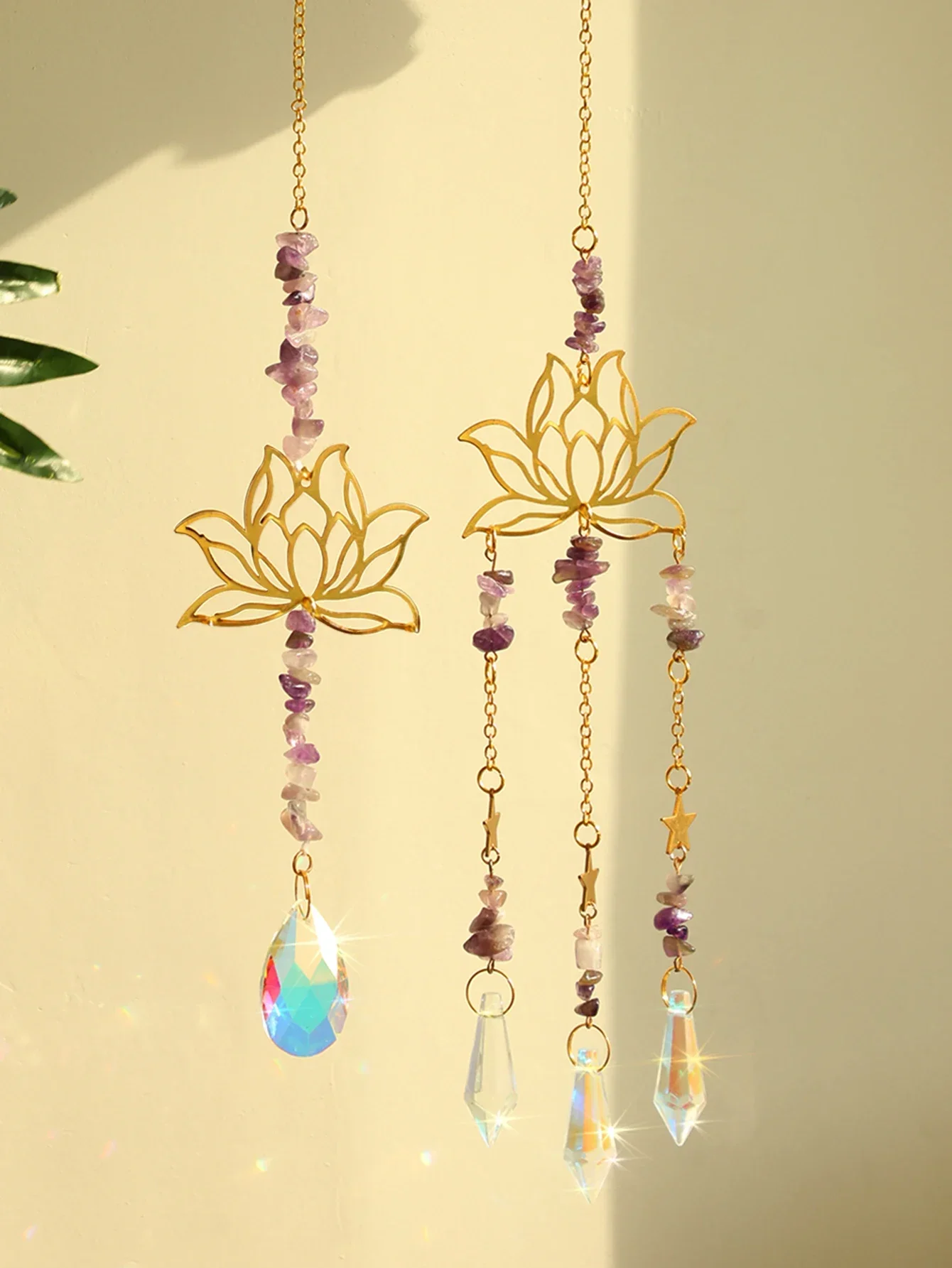 2 Pcs Crystal Sun Catcher Lotus Pink Purple Hanging Decor Rainbow Maker Suncatchers Crystals Stained Glass Garden Outdoor Decors