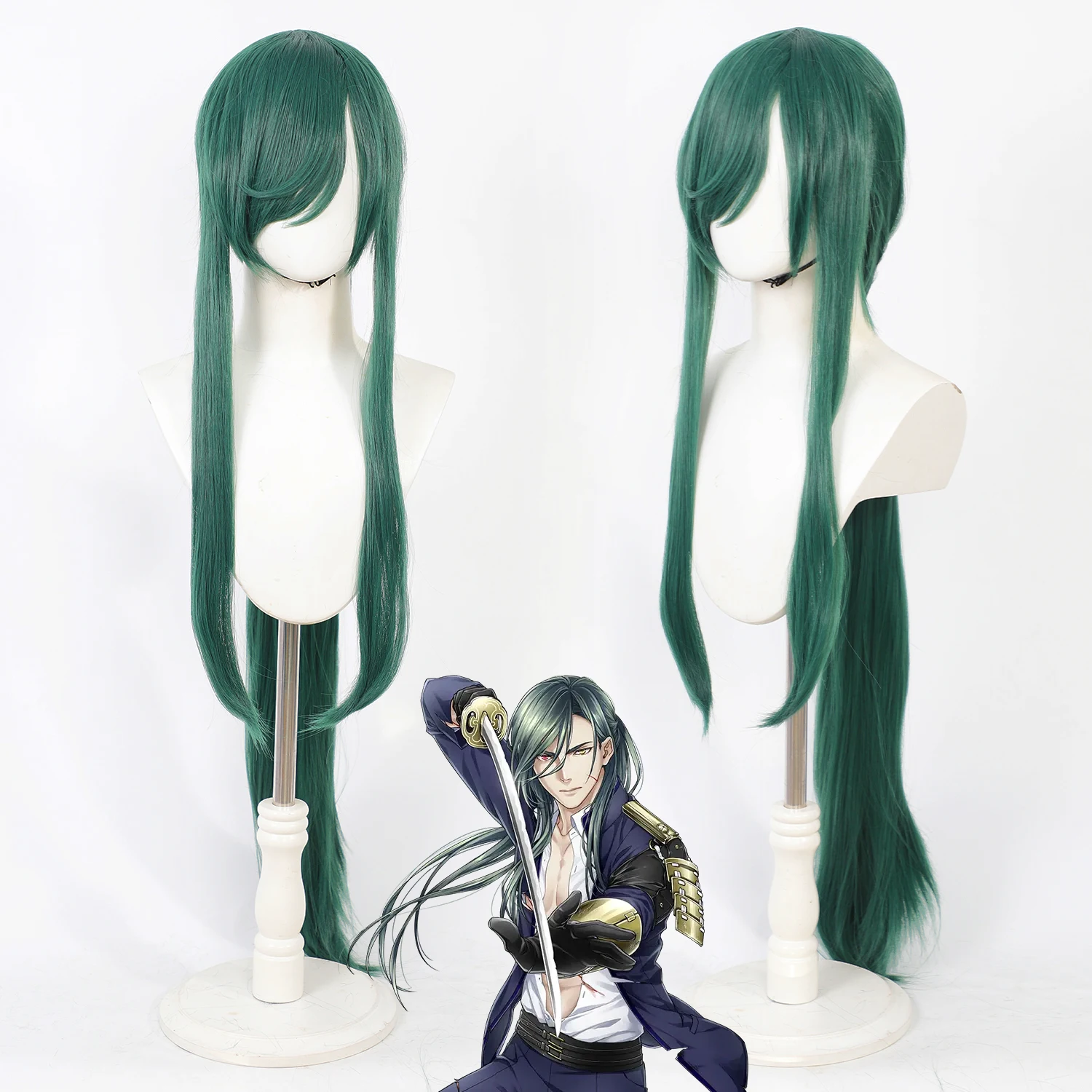 100cm Dark Green Long Ponytail Touken Ranbu Nikkou Aoe Cosplay Wig Heat Resistant Synthetic Hair for Anime Halloween Costume