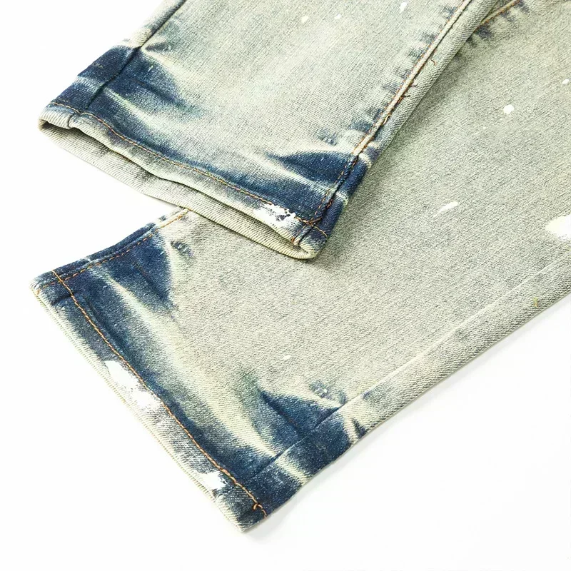 جينز أمريكي عالي الجودة للرجال هاي ستريت مع فتحات قذرة مغسولة ومرشعة بشكل مستقيم بنطال جينز أنيق ونحيف #5