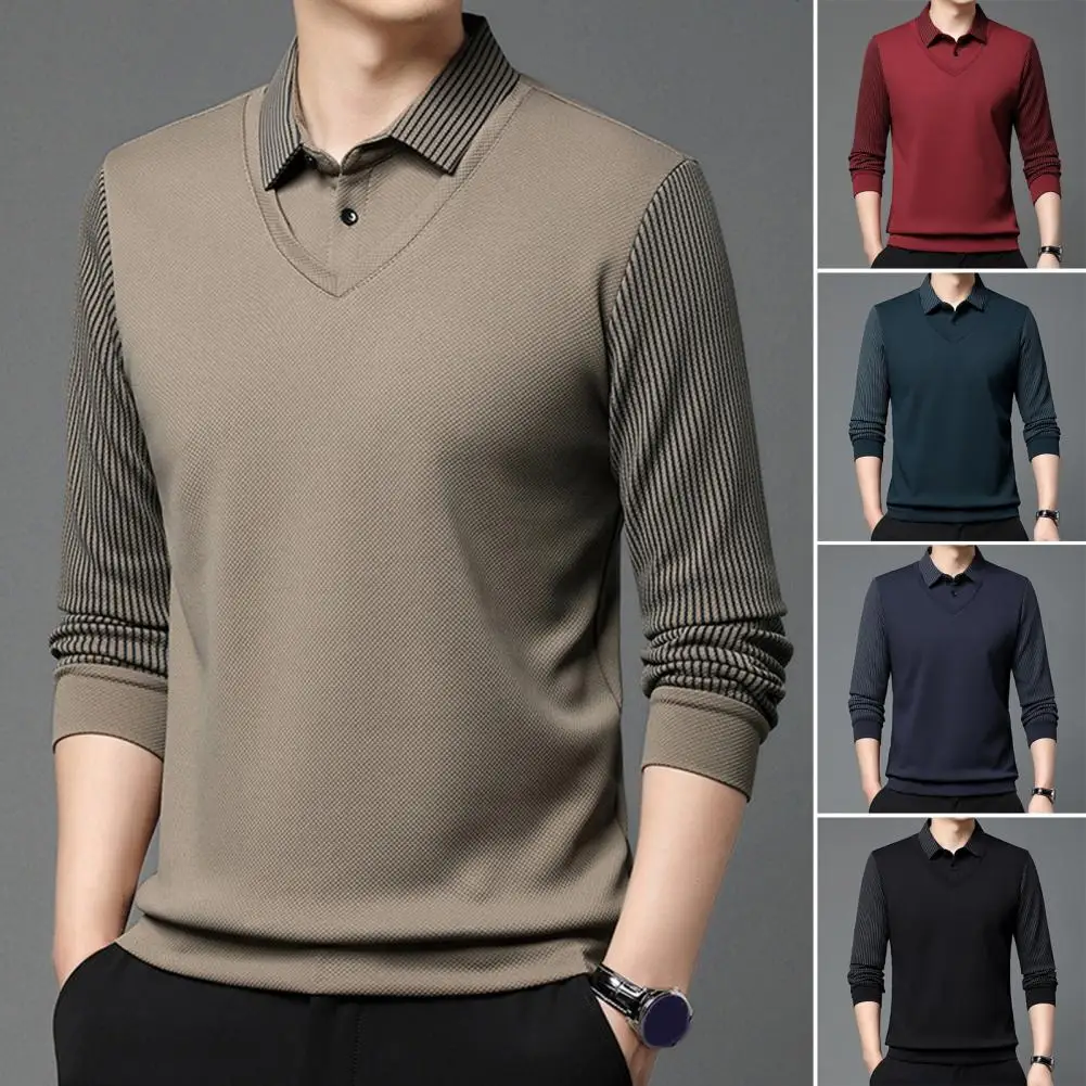 Men Shirt Collar Pullover Men's Striped Patchwork Sweater Shirt with Turn-down Collar Formal Business Style Office Top for Fall