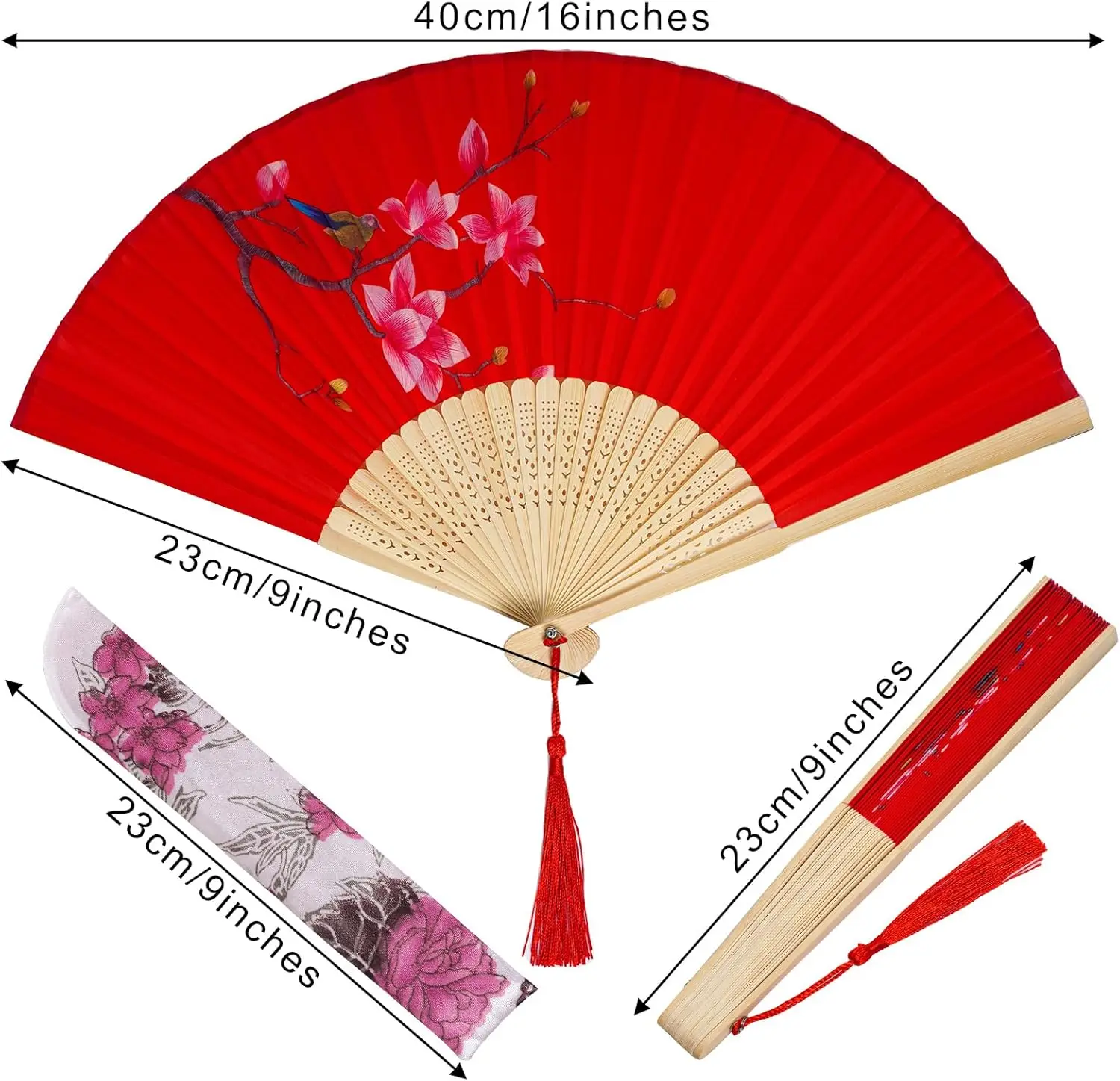 2-Pack Silk Handheld Folding Fans with Bamboo Frames - Red & White Floral Patterns for Dancing, Cosplay, Weddings & Party Decor