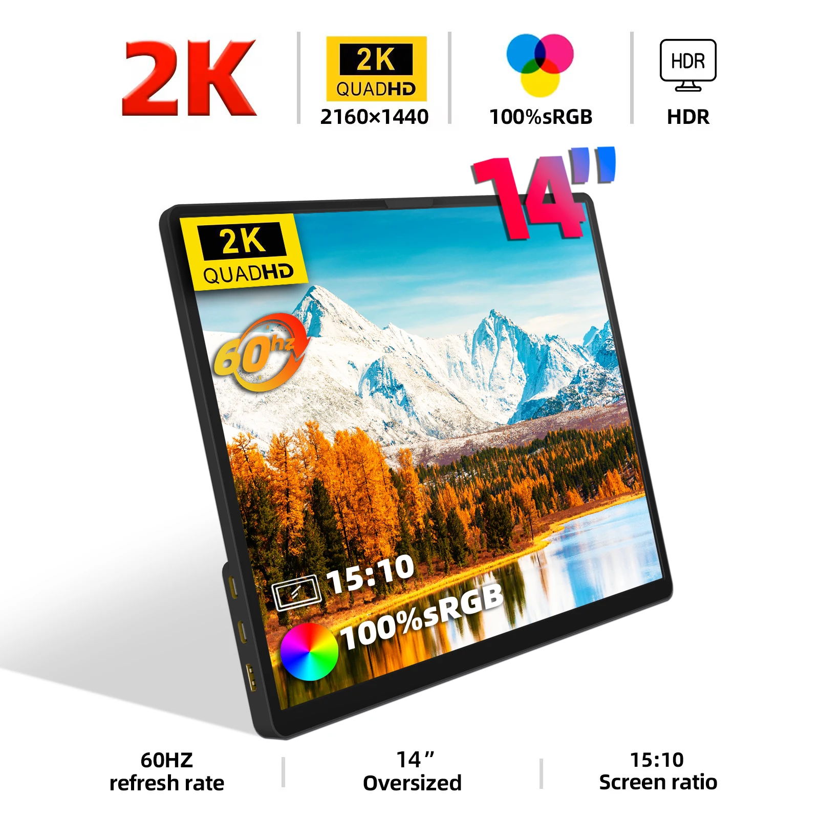 ZSUS 2160*1440  14-inch 2K 60HZ Portable Monitor For Laptop XBox PS4 / 5 Switch TV Box Cell Phone PC Extension  Mobile