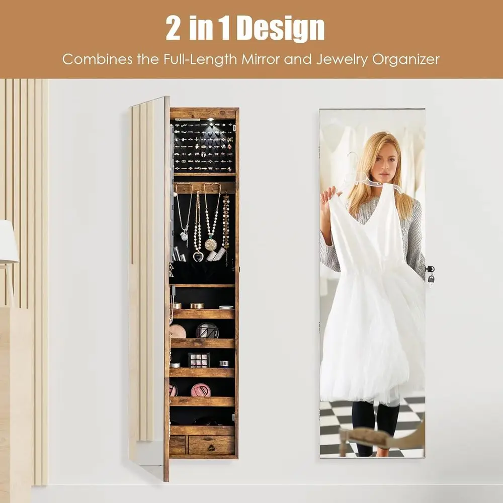 Rustic Brown Wall-Mounted Jewelry Armoire with Full-Length Mirror, LED Lights, Lockable Organizer, and Storage view 2
