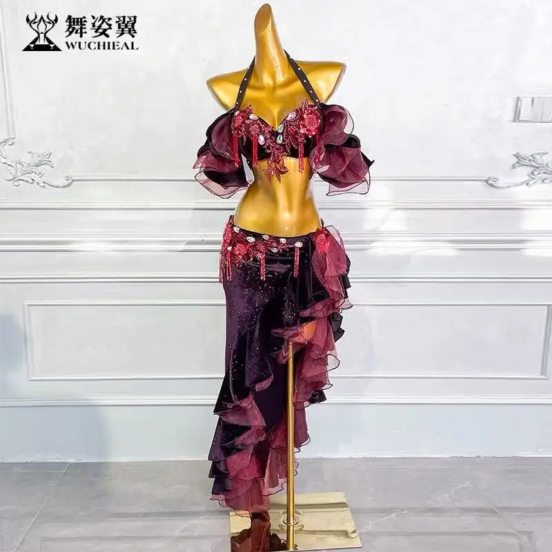 

Belly Dance Performance Costume for Women Oriental Dancer Top Bra Long Skirt Set Party Outfit Wine Red Stage Performance Wear