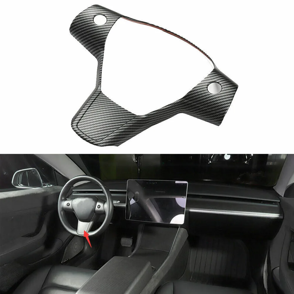 For Tesla Model Y Car Accessories ABS Carbon Fiber Steering Wheel Panel Cover Trim Stickers Frame 1PCS Interior Auto Parts 2021