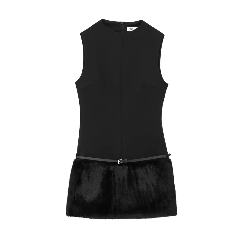 파티 드레스 여성 여름 선드레스 우아하고 아름다운 여성 드레스 빈티지 기본 인조 모피 블랙 미니 드레스