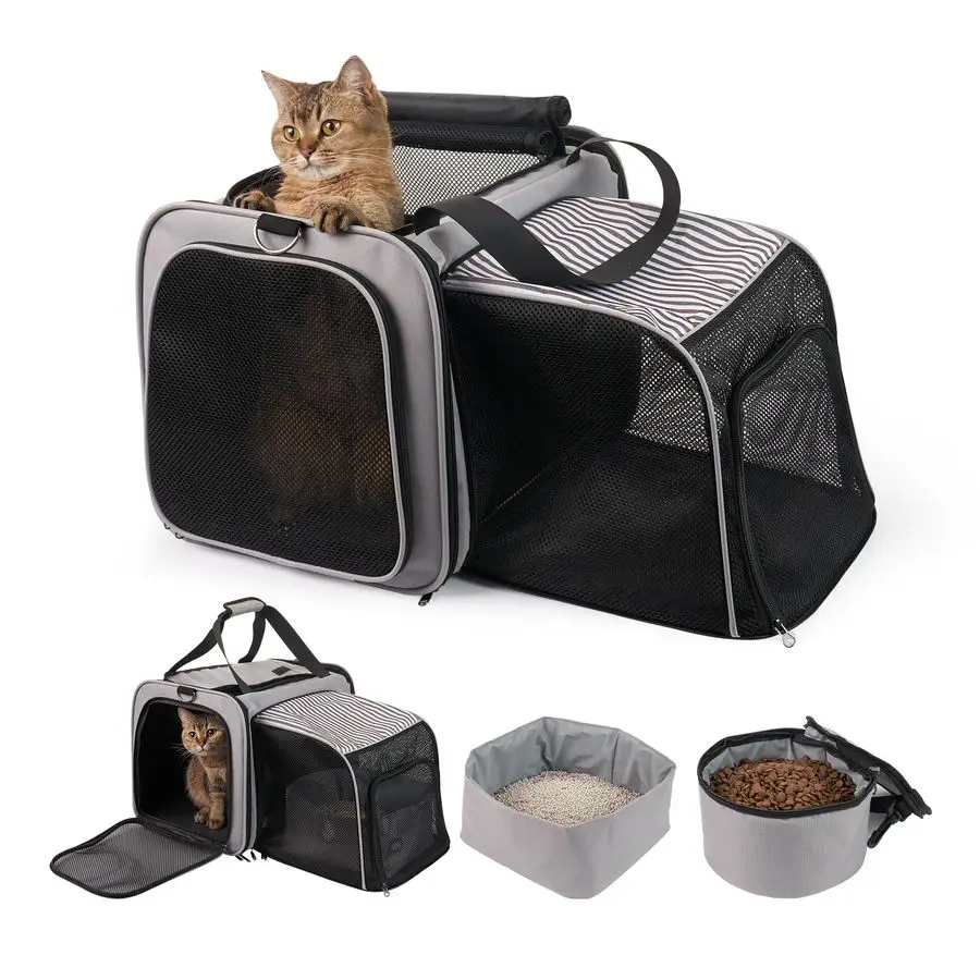 

Переноска с лотком, мягкая переноска для кошек с переноской едой, расширяемые портативные переноски для кошек для путешествий в автомобиле, до 20 фунтов