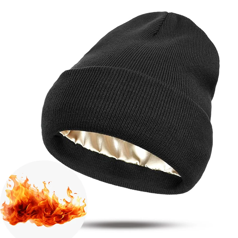 

Winter Warm Satin Lined Anti Static Beanie Hat For Women And Men Silk Lining Slouchy windproof Caps