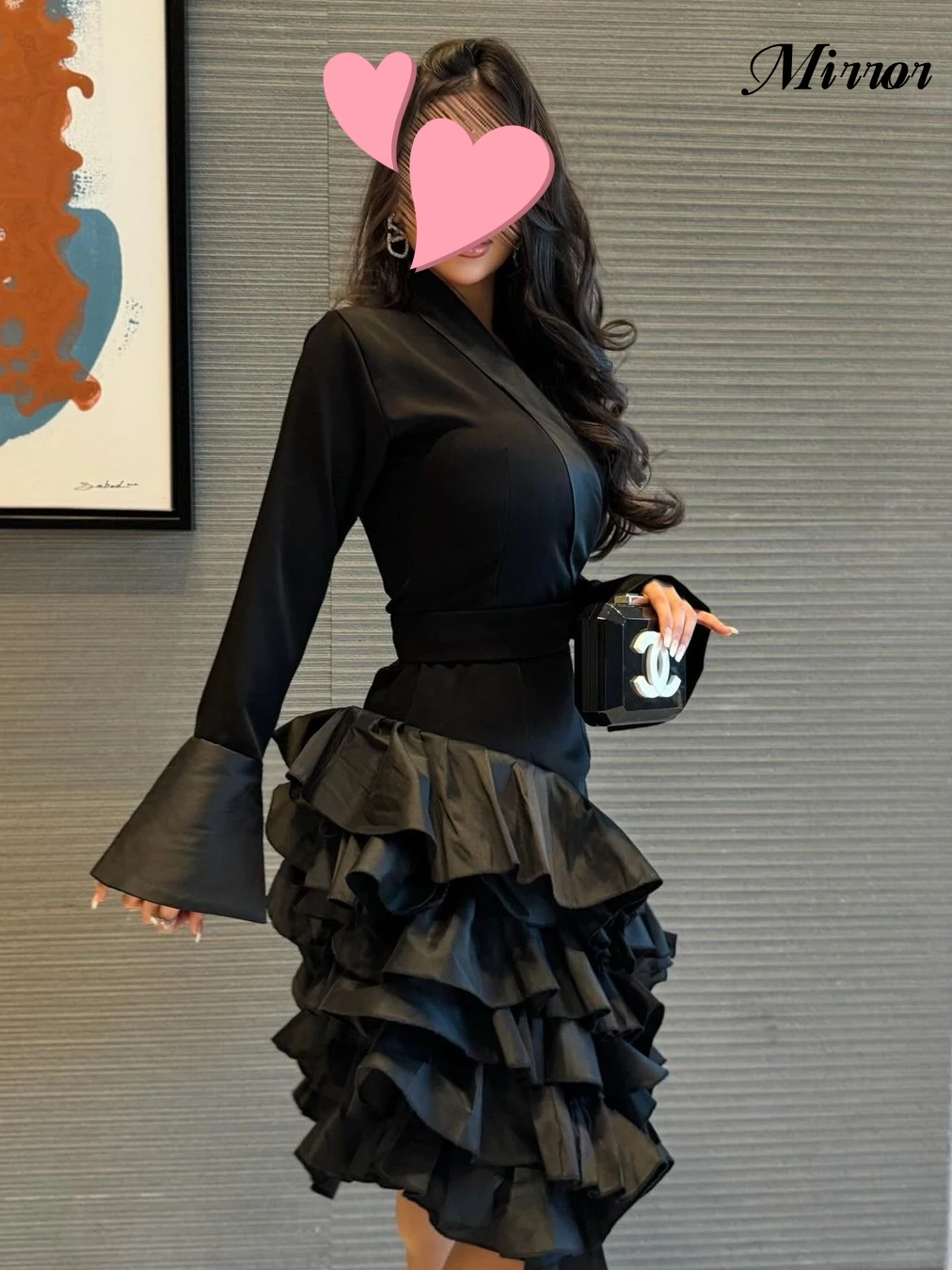 Mirror Dress Elegant Vintage Sexy Black Mermaid Ruffle V-Neck Short Customize Formal Occasion Prom Dress Evening Party Gowns