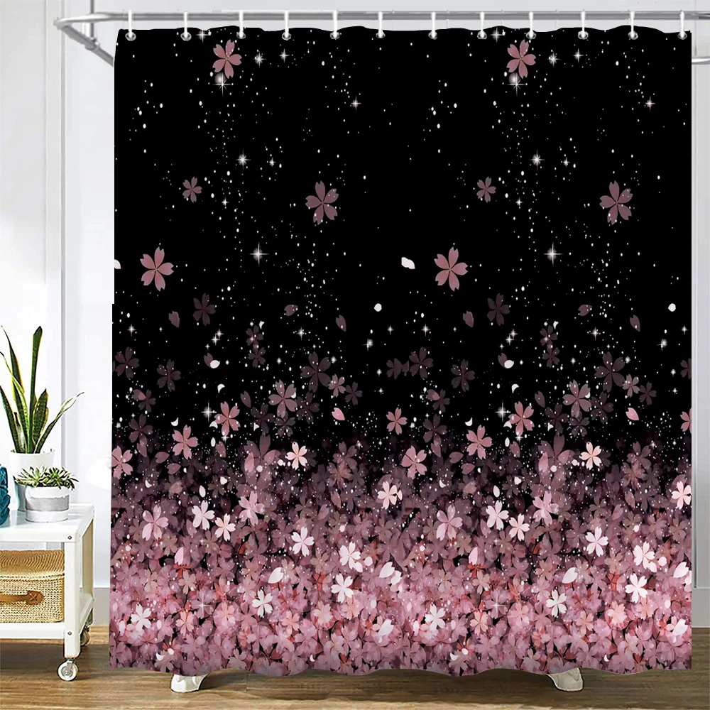 1 Pcs Shower Curtain Flowers Plants Black Printed Bathroom Curtain Polyester Cloth Waterproof Home Decoration Curtain with Hook