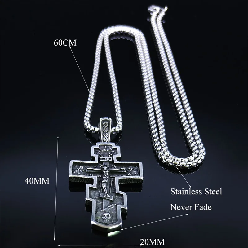 Orthodox Icon Cross Statue Crucifix Pendant Necklace Stainless Steel Grunge Male Chain Necklaces Jewelry collar hombre NZZ293S02