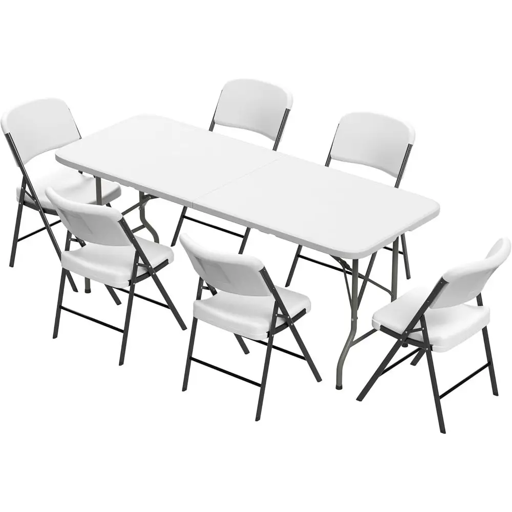 

Набор складных столов с 6 белыми складными стульями, 6-футовые прочные универсальные столы для пикников, мероприятий, тренировок, использования на открытом воздухе