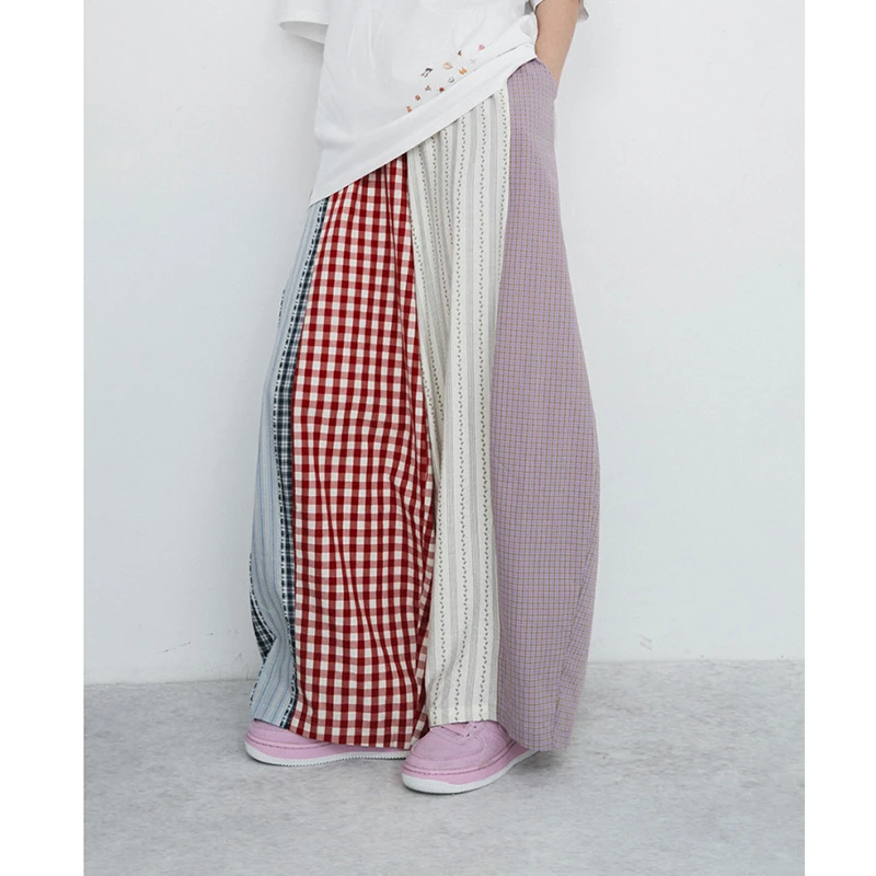 26 New Arrival Summer Women 100% Cotton Ankle-length Pants Casual Loose Cotton Elastic Waist Grid Patchwork Wide Leg Pants T201