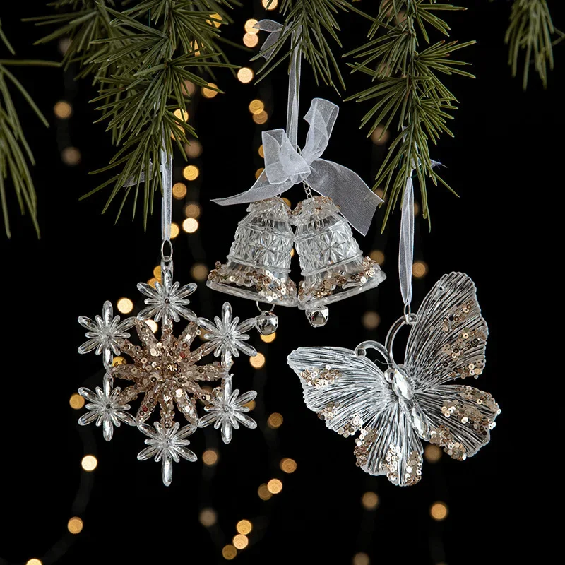 Acrylic Crystal Christmas Tree Ornaments Butterfly Snowfake Hanging Pendant for Xmas Tree Window Hanging Decor Party Props 장식