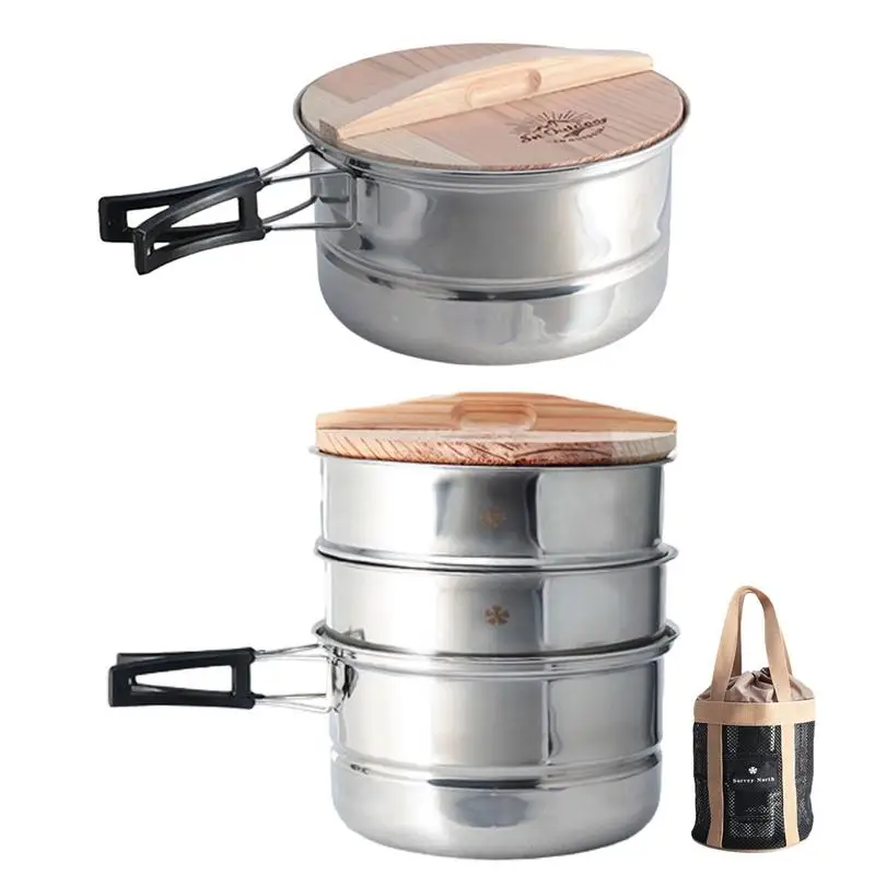 Camping Steamer For Cooking Stackable Pan Insert Bun Steamer Multi Layer With Wooden Lid Camping Cookware Vegetable Steamer