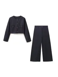 Autumn new arrival European and American style women's clothing button-down casual jacket coat wide-leg trousers suit