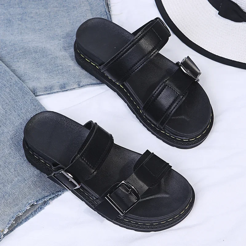 Fashion Sandals Women PU Leather Metal Detailed Buckle Strap Plus Size 43 Summer Beach Ladies Mid-heel Shoes Luxury Sandalias