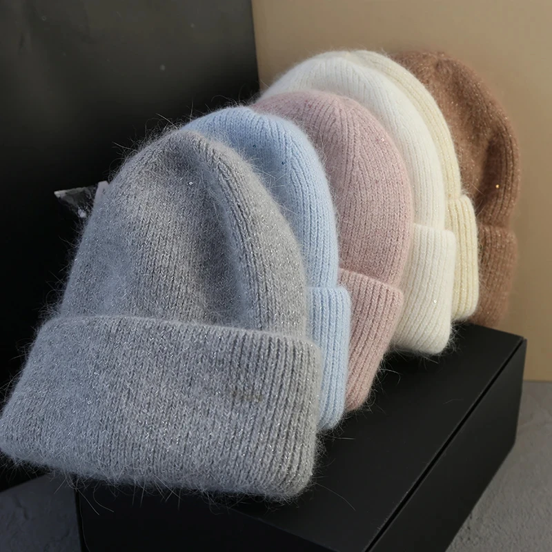 Sequins Fluffyy Angola Fur Knitted Beanies Winter Hat Women Rabbit Skullies Cap Female Ski Warm Outdoor Warm Cashmere Wool Hats