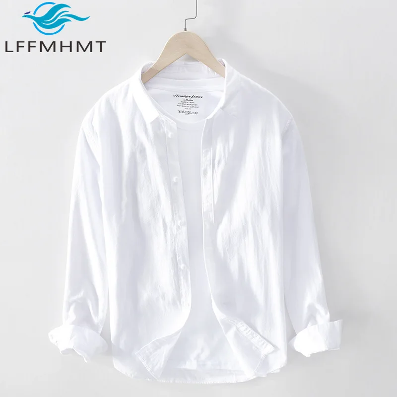 

748 100% Cotton Japan Style Good Quality White Shirt Men's Spring Fall Fashion Solid Color Simple Business Casual Basic Blouses