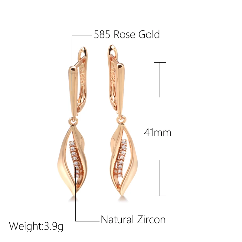 SYOUJYO 585 Rose Gold Color Long Leaf Drop Earrings For Women Natural Zircon Elegant Wedding Jewelry Trendy English Earring