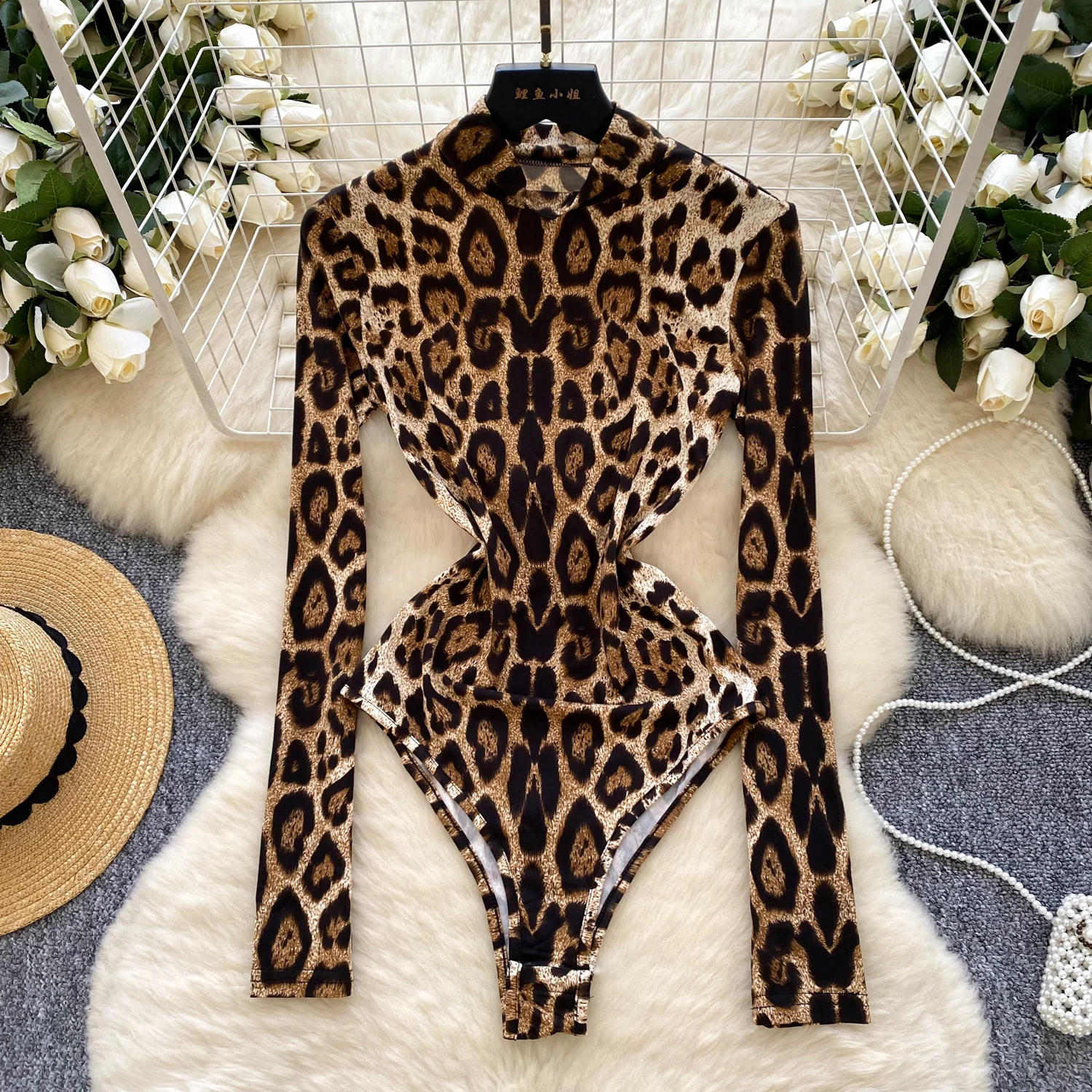 

High Neck Female Wild Animal Leopard Pettern Bodysuit Sexi Long Sleeve Night Club Bar Party Featival Onesie Romper Slim Playsuit