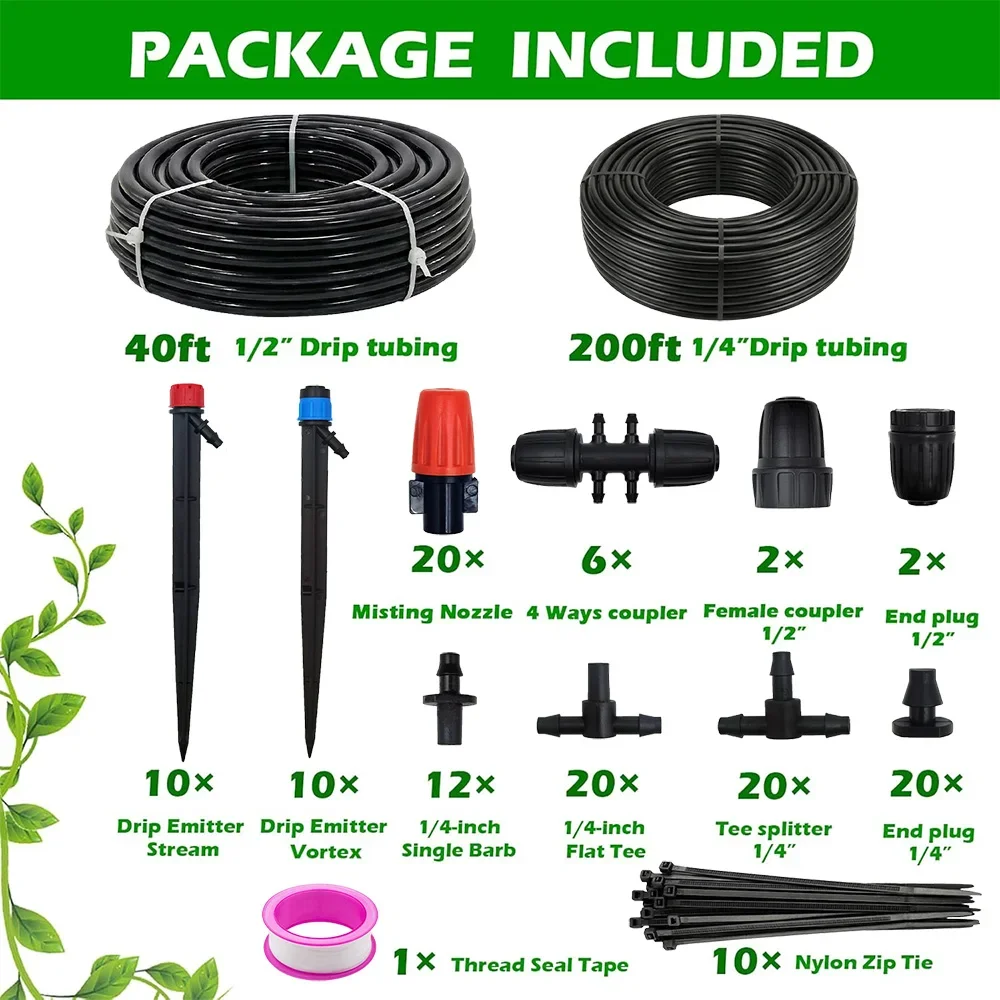 240FT Drip Irrigation System Kit for Greenhouse Yard Lawn Plant 1/2 1/4 inch Hose Automatic Garden Watering Misting System