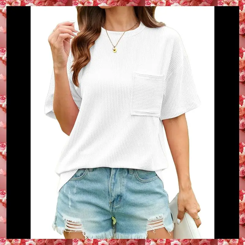 Dames zomertopjes met korte mouwen Oversized ronde hals Getextureerde blouse Casual Basic Tuniek T-shirt