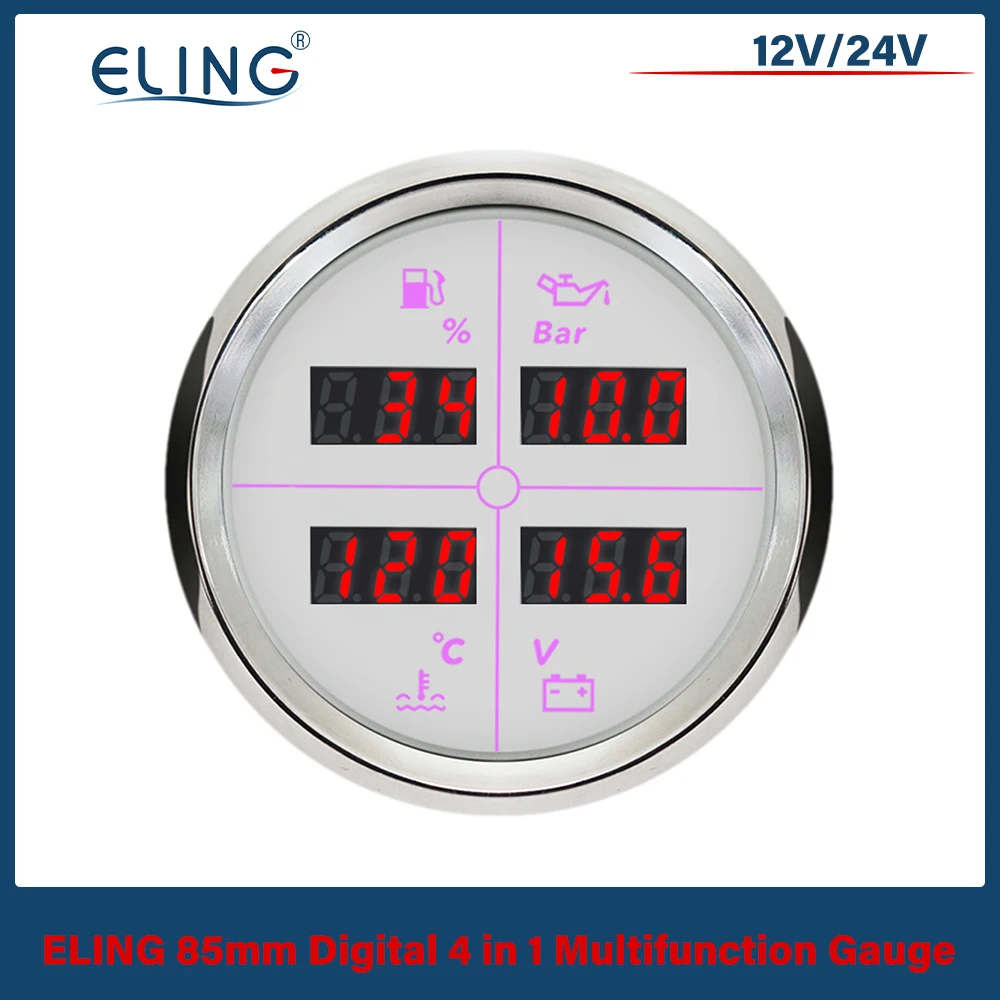 ELING Car Universal 52mm 85mm 4 in 1 Multifunction Gauge with Fuel Level Oil Pressure Water Temp. Voltmeter 8 Colors Backlight