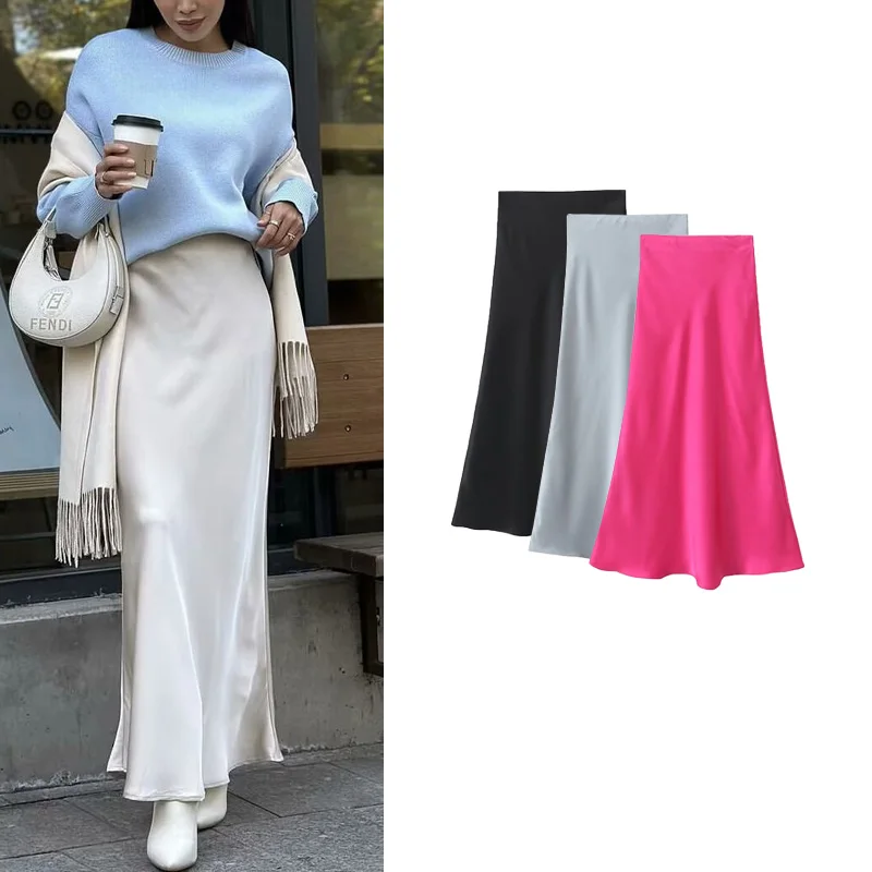 

High Waist Silk Satin Waist Cinching Classic Color A-Line Midi Skirt Spring Collection Versatile Casual Sle Fi Tail...